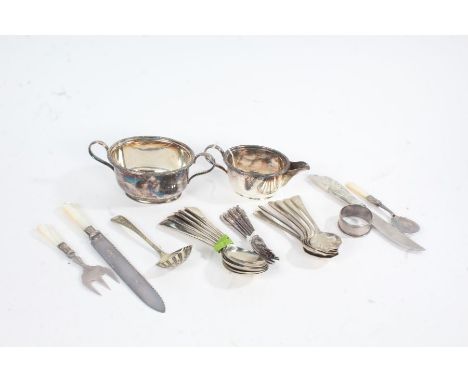 Silver and plated ware, to include silver napkin ring, milk jug and sugar bowl, mother of pearl handled preserve spoon, fork 