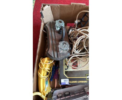 Mixed lot including vintage wooden double inkwell, coiled rope, vintage toys (Chevrolet Corvette, fire truck), and a yellow r