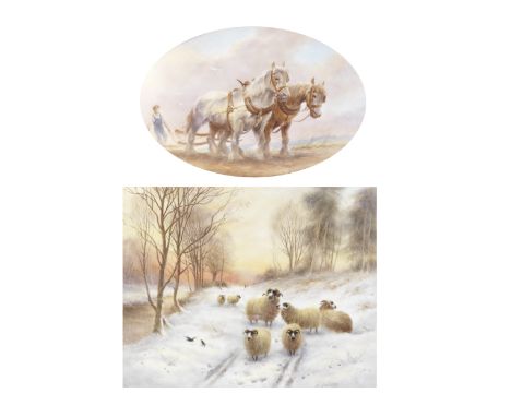Two English porcelain plaques by Milwyn Holloway, late 20th centuryBoth signed 'M. Holloway' and in giltwood frames, one rect