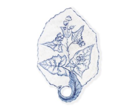 An unusual Lowestoft leaf dish, circa 1768Moulded in the form of a leaf with a serrated edge and veining, the stalk curled ar