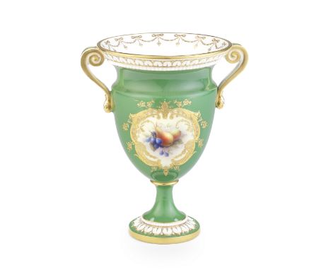 A Royal Worcester vase by Richard Sebright, dated 1909Of classical form with scrolled handles, the moulded borders picked out