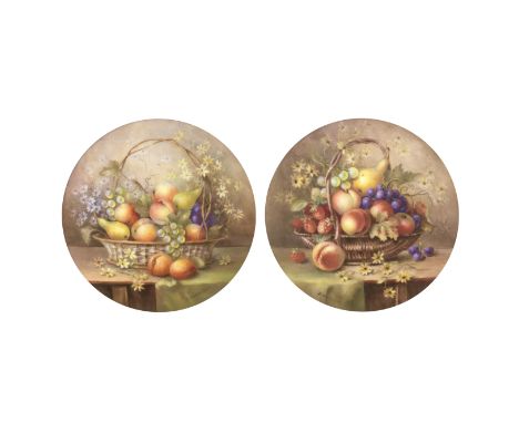 A good pair of Royal Worcester 'painted fruit' plaques by Richard Sebright, dated 1916Circular, painted with baskets overflow