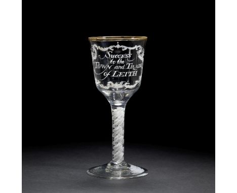 The Leith Goblet: A Beilby enamelled opaque twist goblet, circa 1760-65The generous ogee bowl inscribed 'SUCCESS to the TOWN 