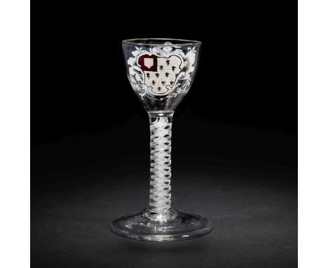 The Surtees Marriage Glasses: a very fine enamelled armorial wine glass from the Beilby workshop, circa 1769The ovoid bowl pa