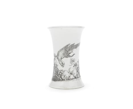 A Worcester vase, circa 1754-56Of waisted, beaker shape, printed in black with 'Parrot and Fruit No. 3', a long-tailed macaw 