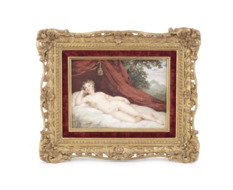 A Derby porcelain plaque by William Corden, circa 1825Rectangular, painted with the 'Reclining Venus', the nude female figure