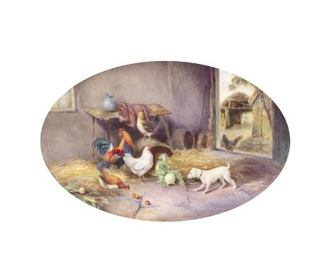 A fine Royal Worcester plaque by George Johnson, dated 1925Oval, painted with a rustic farmyard scene, a small white dog insi