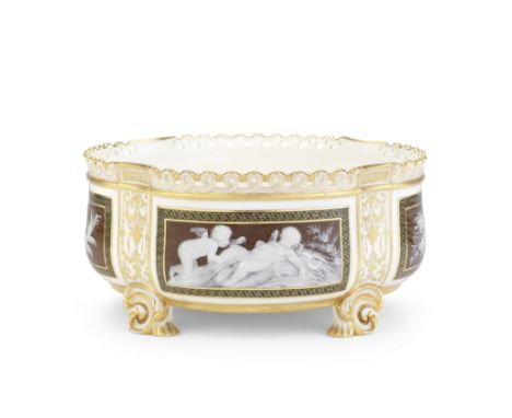 A Minton pâte-sur-pâte centrepiece by Henry Hollins, dated 1883Of quatrelobed oval form with gilded scroll feet, reserved wit