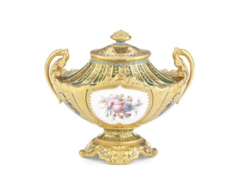 A fine Royal Crown Derby vase and cover by Désiré Leroy, dated 1899Of oval section with high scroll handles, reserved with a 