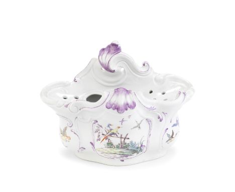 A good Worcester bough pot, circa 1757-58Painted in the manner of I Rogers, of exuberant rococo form, the high scrolled back 