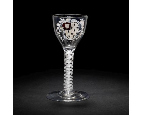 The Surtees Marriage Glasses: a rare enamelled armorial wine glass from the Beilby workshop, circa 1769The ovoid bowl painted