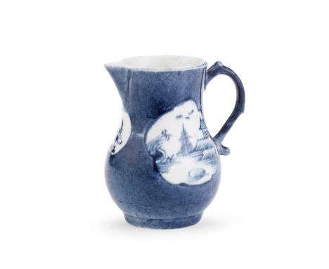 A rare Lowestoft milk jug, circa 1765Of baluster form with a sparrow beak spout, the scrolled handle with a thumbrest, an irr