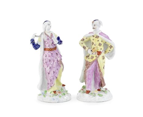 An exceptionally rare pair of English porcelain figures of a Turkish Lady and Gentleman, circa 1758-62Longton Hall or Vauxhal