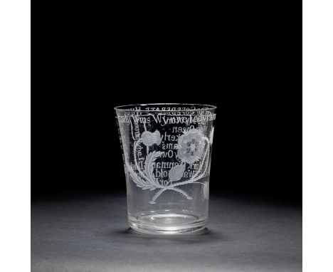 An important and unrecorded Jacobite engraved ceremonial 'Confederate Hunt' goblet, circa 1759-60Of generous slightly flared 