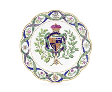 A Flight plate from the first Duke of Clarence service, circa 1789The scalloped edge painted with an elaborate border formed 