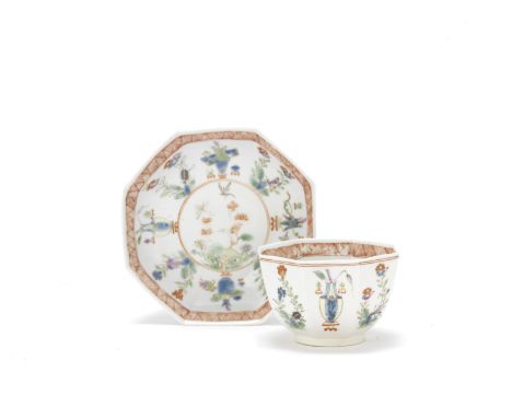 A Worcester teabowl and saucer, circa 1753-54Of octagonal form, painted in famille verte style with vases, precious objects a