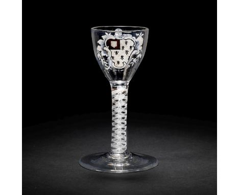 The Surtees Marriage glasses: a rare enamelled armorial wine glass from the Beilby workshop, circa 1769The ovoid bowl painted