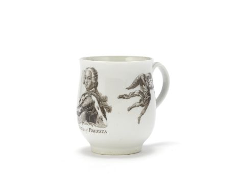 A Worcester mug, circa 1757-60Of attractive small size and bell shape, with a grooved loop handle, printed in black with a ha