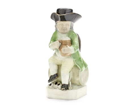 A rare Wood family 'Admiral Lord Howe' Toby Jug and cover, circa 1790Thinly potted and with translucent glazes, modelled seat