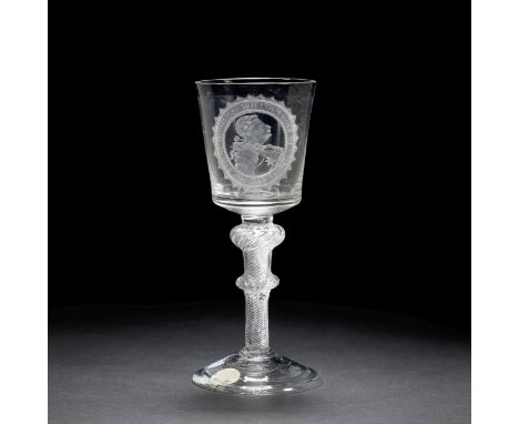 An important engraved Duke of Cumberland airtwist portrait goblet of anti-Jacobite significance, circa 1750The generous bucke