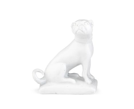 A Lowestoft model of a pug dog, circa 1770Left in the white, modelled seated on a rectangular base with its head turned to th