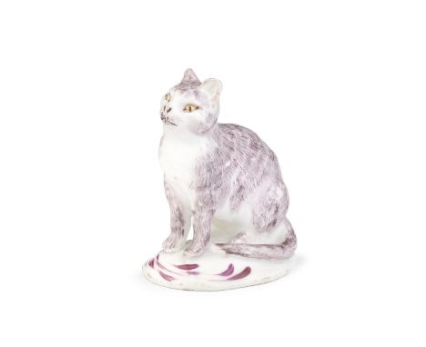 A Bow model of a cat, circa 1758-60Modelled seated and with an alert expression, its fur delicately painted in pale puce with