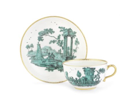 An important Worcester teacup and saucer, circa 1770Decorated in the workshop of James Giles, finely painted in green monochr