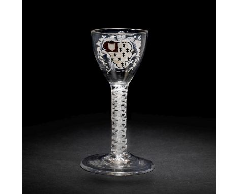 The Surtees Marriage Glasses: a rare enamelled armorial wine glass from the Beilby workshop, circa 1769The ovoid bowl painted