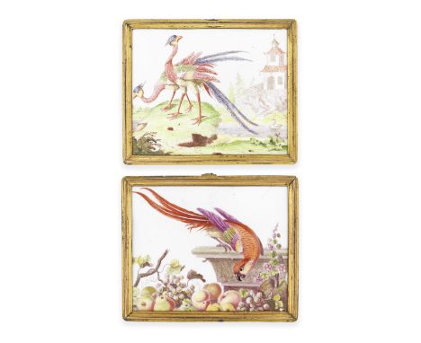 A good pair of Birmingham enamel plaques, circa 1755Of rectangular form, printed in puce and delicately coloured, one with a 