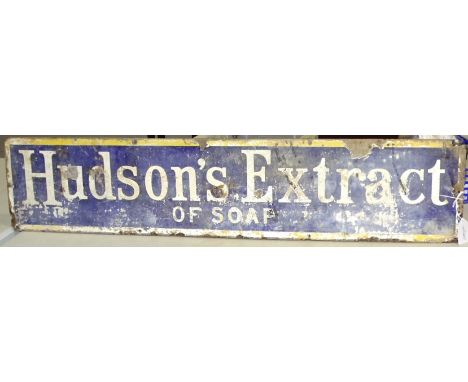 A vintage enamel rectangular sign "Hudson's Extract of Soap", white lettering on blue ground, with yellow edging, 19 x 89cm, 
