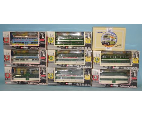 Corgi Original Omnibus and Classics issues: eight boxed Blackpool trams and one commercial bus, (9). 