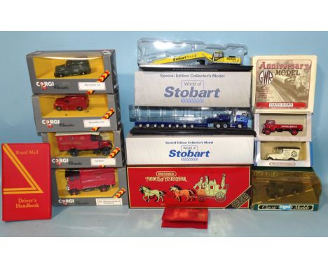 Corgi, three various Royal Mail vans, two Atlas Stobart diecasts, a Matchbox YS-39 and other diecasts, (all boxed). 