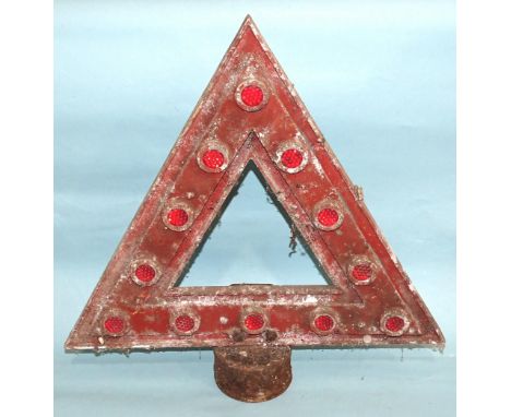 Two vintage triangular red warning reflective road signs, each 38 x 45cm, (one with attaching bracket), (2). 