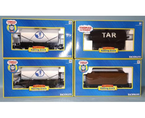 Bachmann G Scale, Thomas &amp; Friends DeLuxe, four wagons: two no.98005 Tidmouth Milk Tanks, no.98006 Cargo Car and no.98009