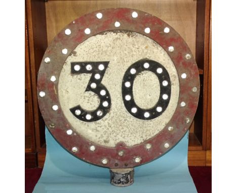 A vintage circular double-sided 30MPH/National Speed Limit Applies reflective road sign, 61cm diameter, (one reflector missin