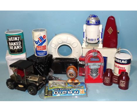 A novelty radio in the form of a vintage car, eight other novelty radios and other items. 