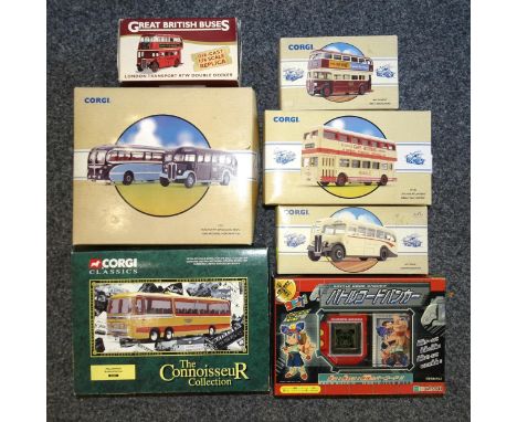 Corgi, a quantity of boxed Corgi buses, to include 97053 and 3530, another by Atlas and a Croket Battle Code Banker, (boxed),