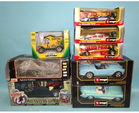 Burago, 1/24 scale, three boxed racing cars, 1/18 scale two sports cars, (all boxed) and three other boxed diecast vehicles, 