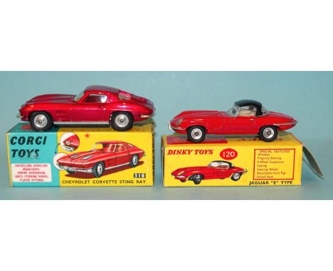 Dinky Toys, 120 Jaguar 'E' Type, (boxed), with hard top and tonneau, (one tab detached from box) and Corgi Toys, 310 Chevrole