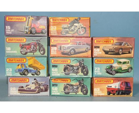 Matchbox 75 Series, eleven boxed diecast models: 15 Fork Lift Truck, 18 Hondarora, 23 Atlas Truck, 28 Formular Racing Car, 33