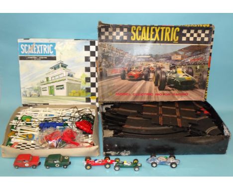 Scalextric, five slot cars: Ferrari, C81 Cooper, C82 Lotus and two Austin Mini Coopers, track and accessories in Set 32 and C