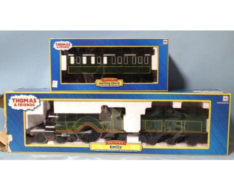 Bachmann G Scale, Thomas &amp; Friends DeLuxe, no.91404, Emily, (boxed, box damaged), with no.97004 Emily's brake coach, (box