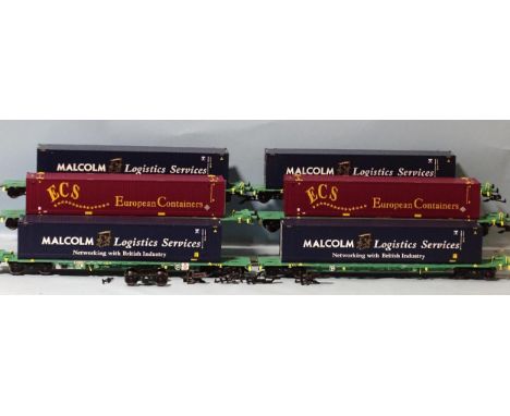 Aristo-craft Trains G gauge, six twin intermodal containers and wagons, ECS (x2), Malcolm Logistics (x4), (one bogie detached