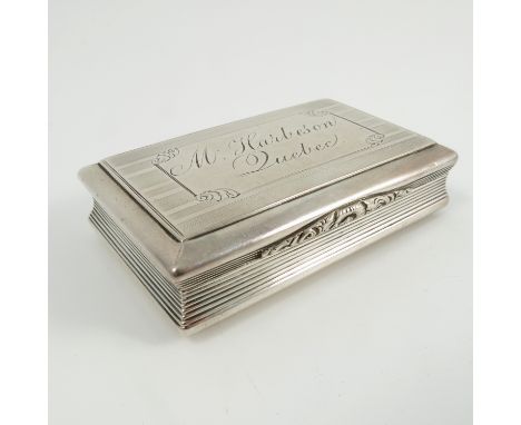A Victorian silver snuff box, of rectangular form, the lid engraved M Harbeson Luelec, with ribbed sides, engine turned base 