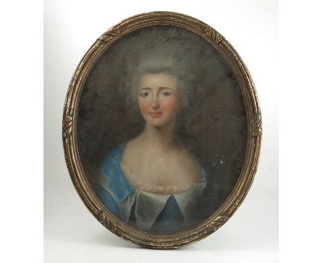 An oval pastel, portrait of a woman in the Gainsborough style wearing a blue and lace dress, maximum diameter 23ins