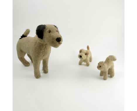 A group of plush teddies, to include a Chad Valley terrier, Merrythought velvet and plush rabbit, a pink elephant, cat, vario