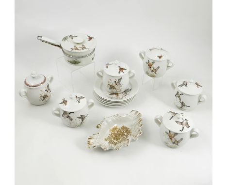 A Porcelaine de Paris France part set, of six covered two handled bowls (one lid replaced), five saucers and a cover sauce pa