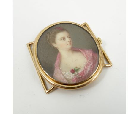 A 19th century portrait miniature, painted on ivory of a woman wearing a pink dress with a red rose, set in a gold coloured m