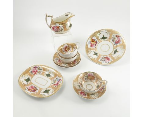A group of 19th century English porcelain, to include three saucers, three cups, a plate, a sauce boat and a tureen stand, al