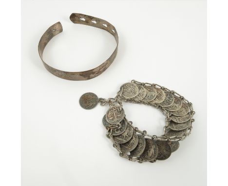 A 19th century silver plated cat or dog collar, with engine turned decoration, af, together with a bracelet formed as multipl